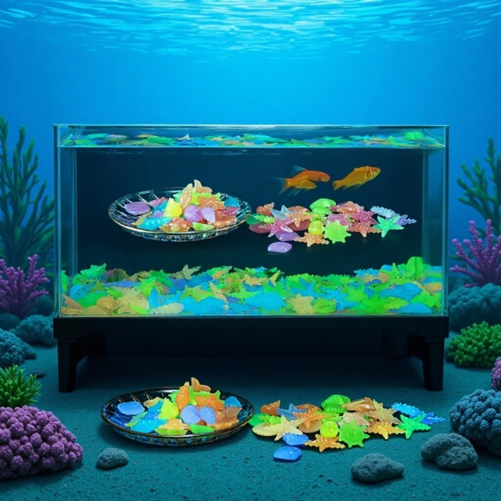 Aquarium Decoration Rock - 빛나는 해양석, 형광 조개껍데기, 화려한 불가사리